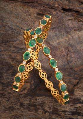 Green Gold-Plated Ethnic 92.5 Pure Silver Temple Bangles with Zircon for Women | Traditional Temple Jewellery for Wedding & Festive Wear | Gift for Her