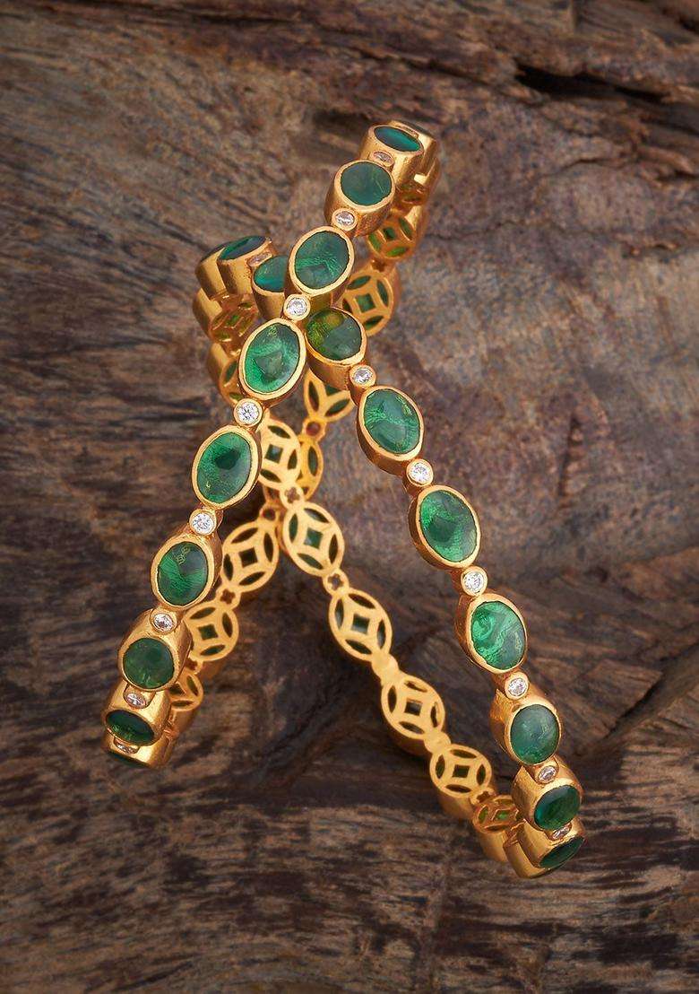 Green Gold-Plated Ethnic 92.5 Pure Silver Temple Bangles with Zircon for Women | Traditional Temple Jewellery for Wedding & Festive Wear | Gift for Her - Indya