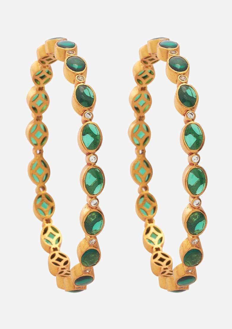 Green Gold-Plated Ethnic 92.5 Pure Silver Temple Bangles with Zircon for Women | Traditional Temple Jewellery for Wedding & Festive Wear | Gift for Her - Indya