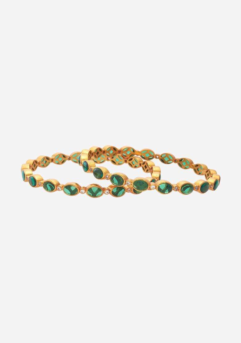 Green Gold-Plated Ethnic 92.5 Pure Silver Temple Bangles with Zircon for Women | Traditional Temple Jewellery for Wedding & Festive Wear | Gift for Her - Indya