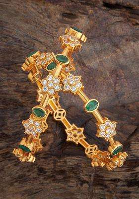 Set of 2 92.5 Pure Silver Gold-Plated Ethnic Temple Bangles with Zircon for Women | Traditional Temple Jewellery for Wedding & Festive Wear | Gift for Her