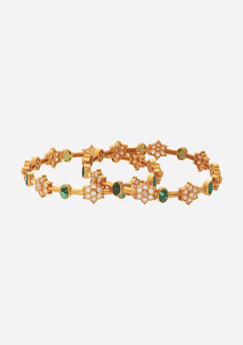 Set of 2 92.5 Pure Silver Gold-Plated Ethnic Temple Bangles with Zircon for Women | Traditional Temple Jewellery for Wedding & Festive Wear | Gift for Her - Indya