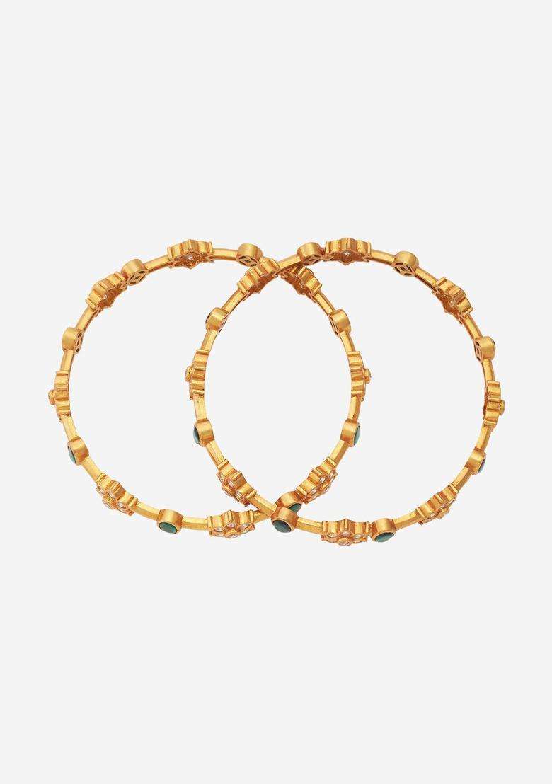 Set of 2 92.5 Pure Silver Gold-Plated Ethnic Temple Bangles with Zircon for Women | Traditional Temple Jewellery for Wedding & Festive Wear | Gift for Her - Indya
