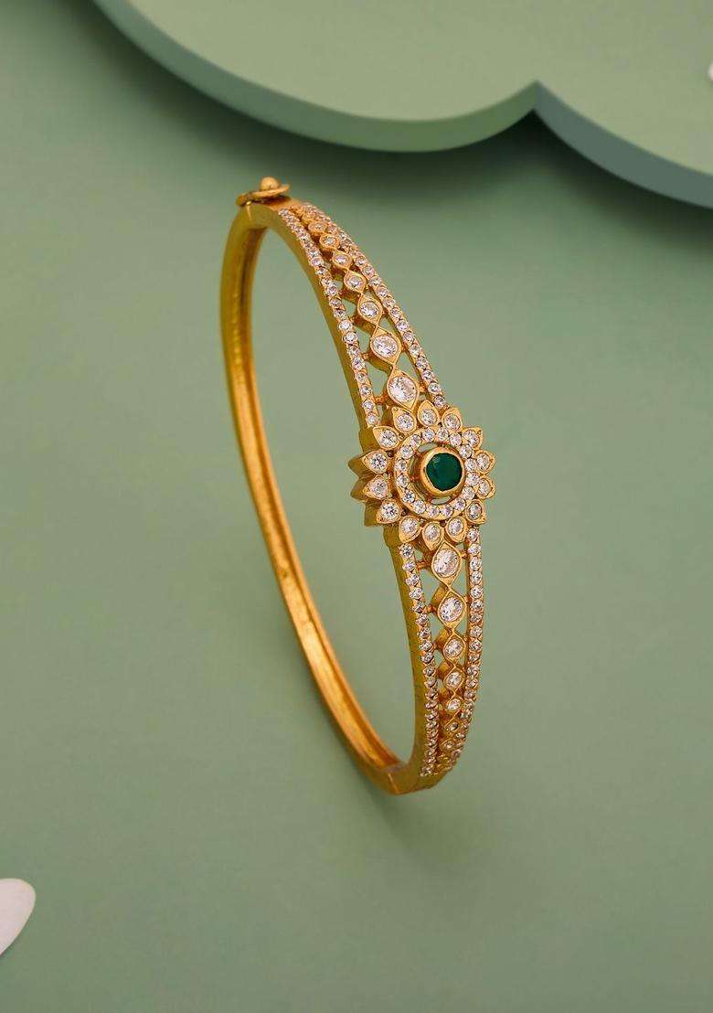 Green Silver Temple Gold-Plated Kada Ethnic Bracelet for Women | Traditional Temple Jewellery for Wedding & Festive Wear | Gift for Her - Indya