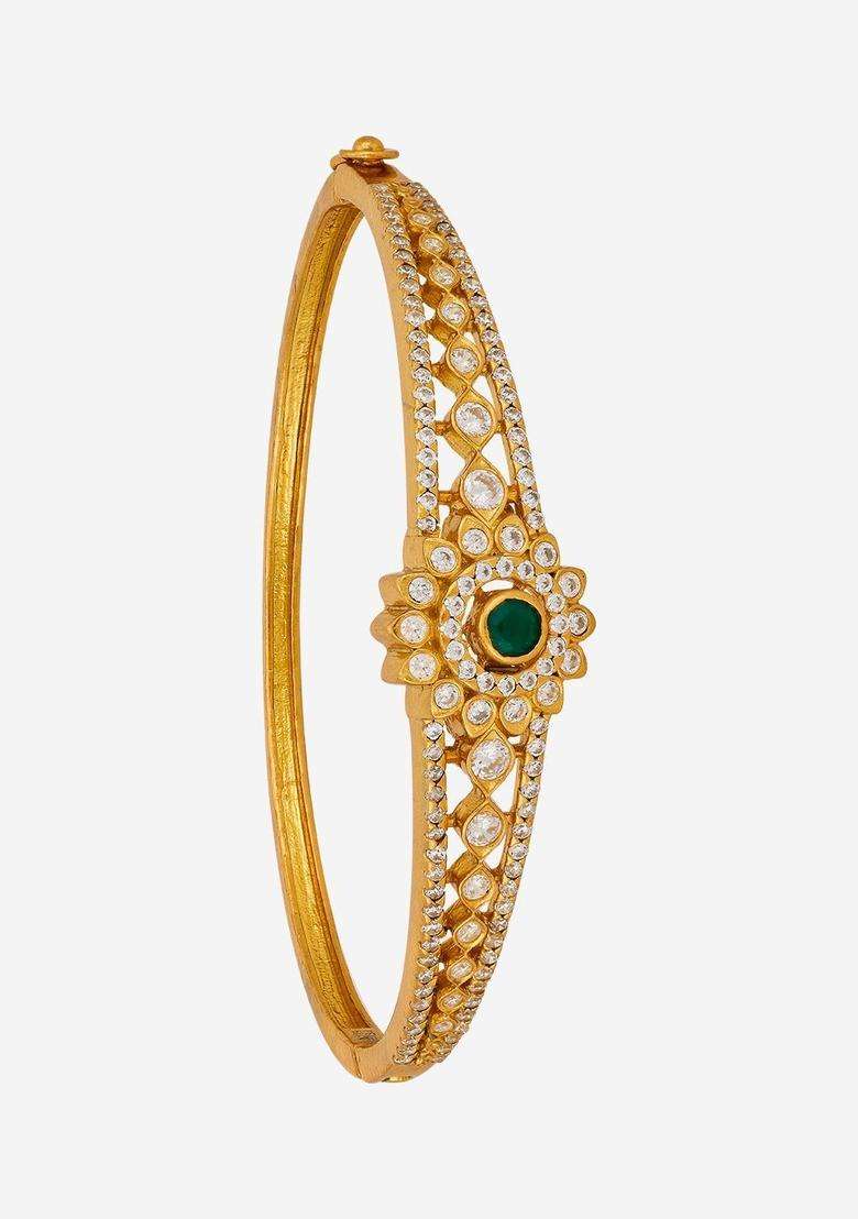 Green Silver Temple Gold-Plated Kada Ethnic Bracelet for Women | Traditional Temple Jewellery for Wedding & Festive Wear | Gift for Her - Indya