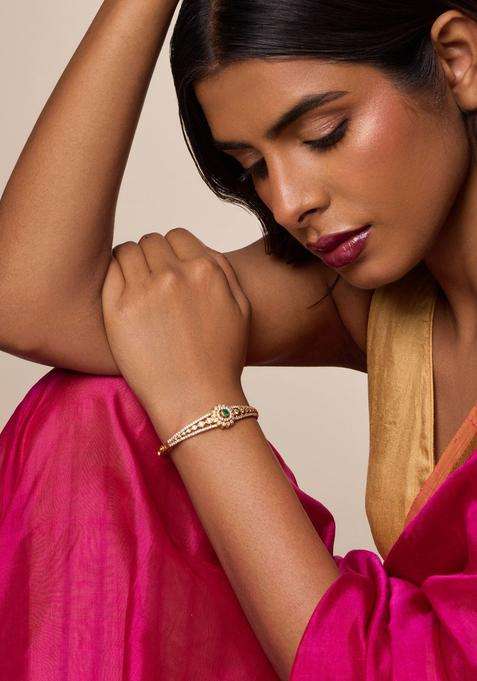 Green Silver Temple Gold-Plated Kada Ethnic Bracelet for Women | Traditional Temple Jewellery for Wedding & Festive Wear | Gift for Her