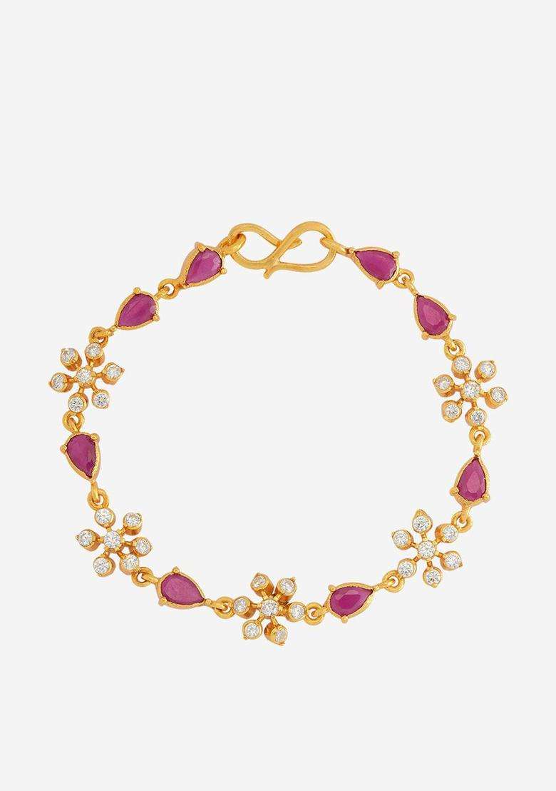 92.5 Sterling Silver Gold-Plated Stone Studded Link Bracelet for Women | Traditional Temple Jewellery for Wedding & Festive Wear | Gift for Her - Indya