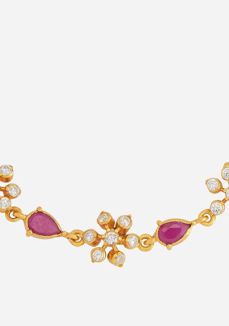 92.5 Sterling Silver Gold-Plated Stone Studded Link Bracelet for Women | Traditional Temple Jewellery for Wedding & Festive Wear | Gift for Her - Indya