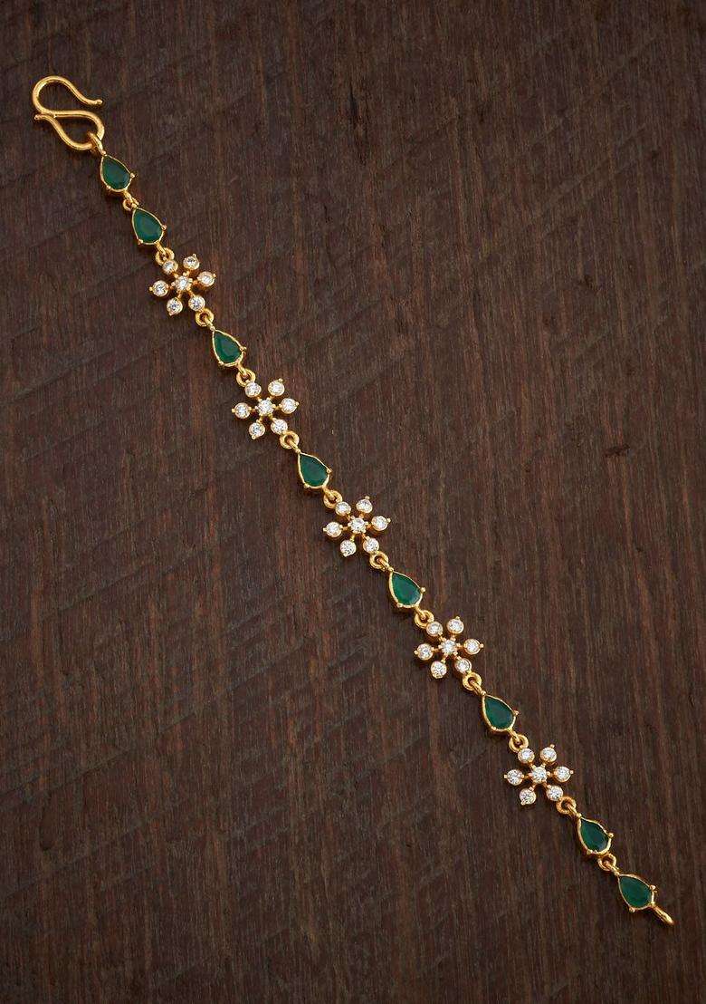 92.5 Sterling Silver Gold-Plated Stone Studded Link Bracelet for Women | Traditional Temple Jewellery for Wedding & Festive Wear | Gift for Her - Indya