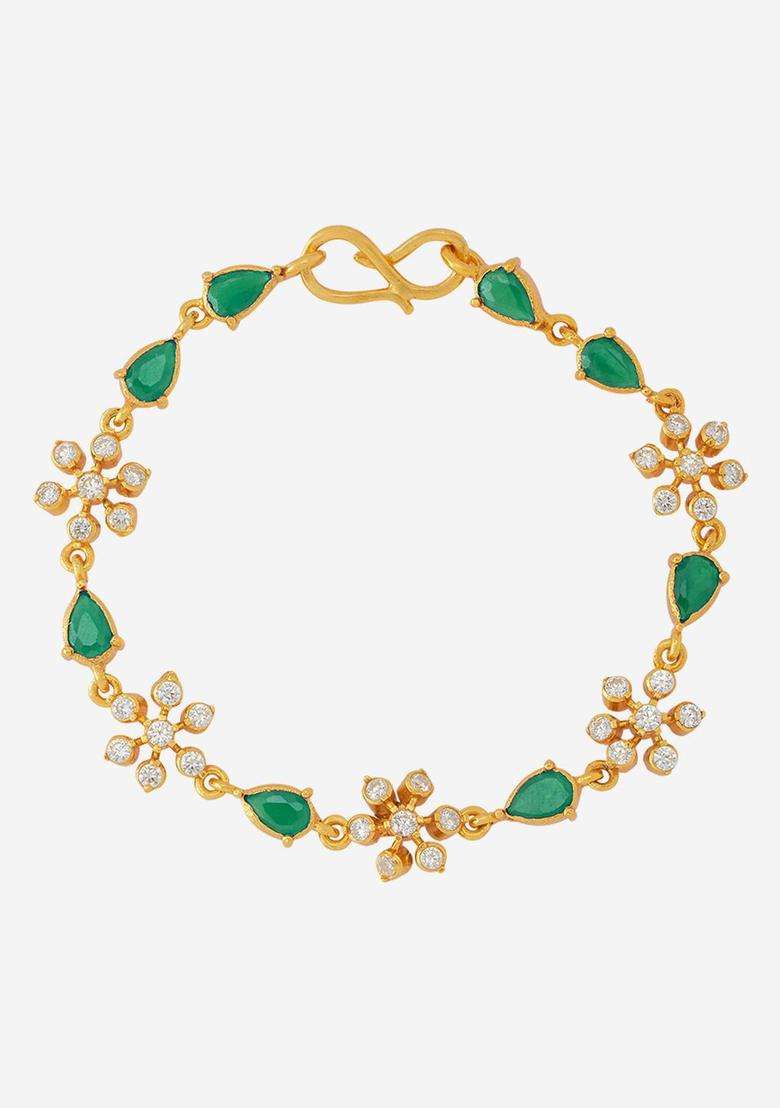 92.5 Sterling Silver Gold-Plated Stone Studded Link Bracelet for Women | Traditional Temple Jewellery for Wedding & Festive Wear | Gift for Her - Indya