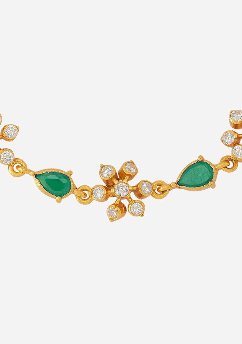 92.5 Sterling Silver Gold-Plated Stone Studded Link Bracelet for Women | Traditional Temple Jewellery for Wedding & Festive Wear | Gift for Her - Indya