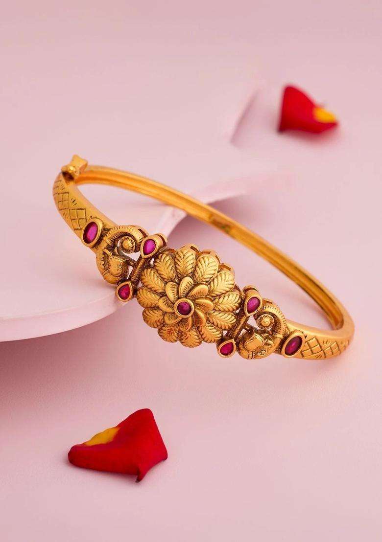 Temple Gold-Plated Bangle-Style Ruby Ethnic Bracelet for Women | Traditional Temple Jewellery for Wedding & Festive Wear | Gift for Her - Indya