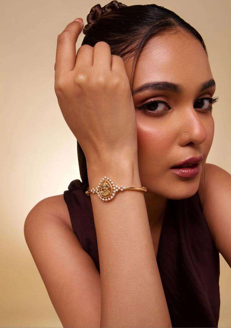Cubic Zirconia Temple Gold-Plated Bangle-Style Bracelet for Women | Traditional Temple Jewellery for Wedding & Festive Wear | Gift for Her - Indya