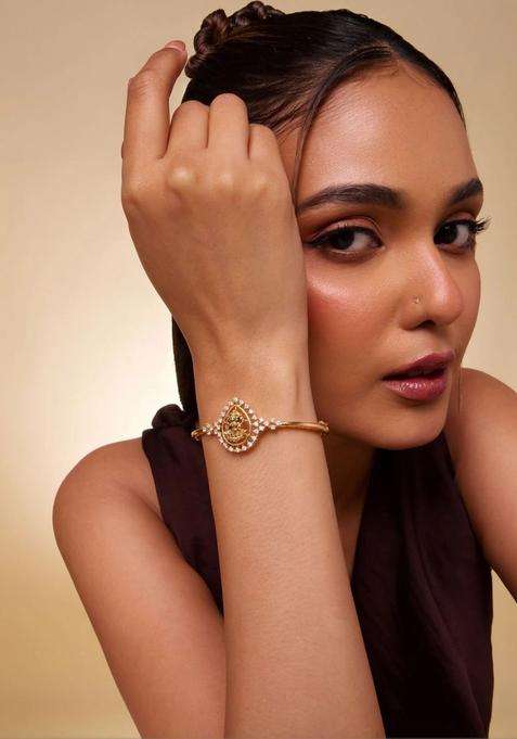 Cubic Zirconia Temple Gold-Plated Bangle-Style Bracelet for Women | Traditional Temple Jewellery for Wedding & Festive Wear | Gift for Her