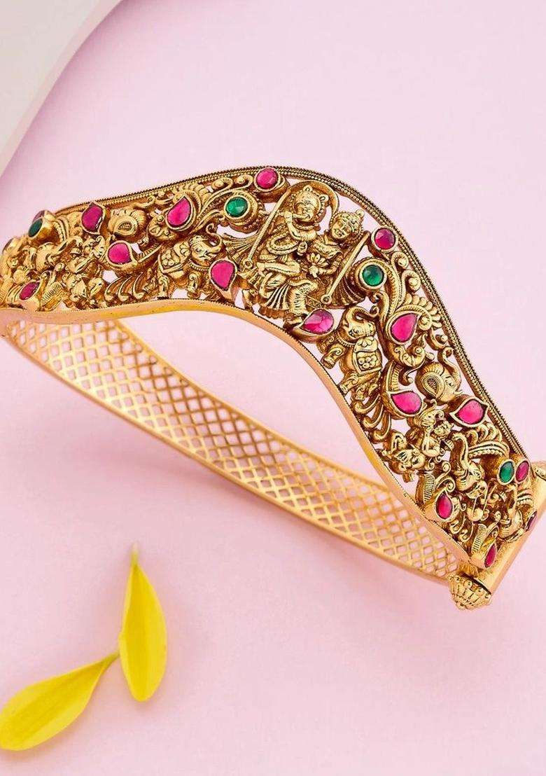 Temple Gold-Plated Bangle-Style Bracelet for Women | Traditional Temple Jewellery for Wedding & Festive Wear | Gift for Her - Indya