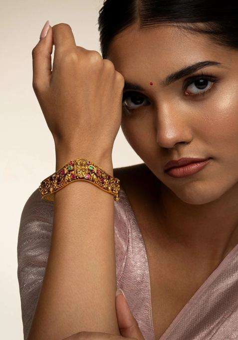 Temple Gold-Plated Bangle-Style Bracelet for Women | Traditional Temple Jewellery for Wedding & Festive Wear | Gift for Her