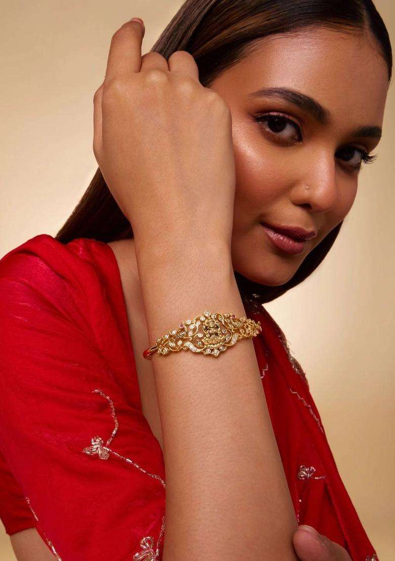 Cubic Zirconia Temple Gold-Plated Bangle-Style Bracelet for Women | Traditional Temple Jewellery for Wedding & Festive Wear | Gift for Her - Indya