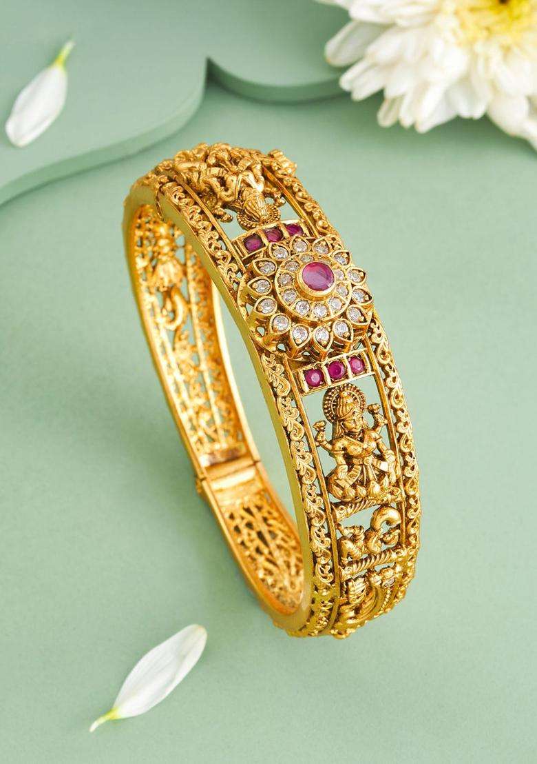 Gold-Plated Artificial Stones Studded Bangle-Style Bracelet for Women | Traditional Temple Jewellery for Wedding & Festive Wear | Gift for Her - Indya