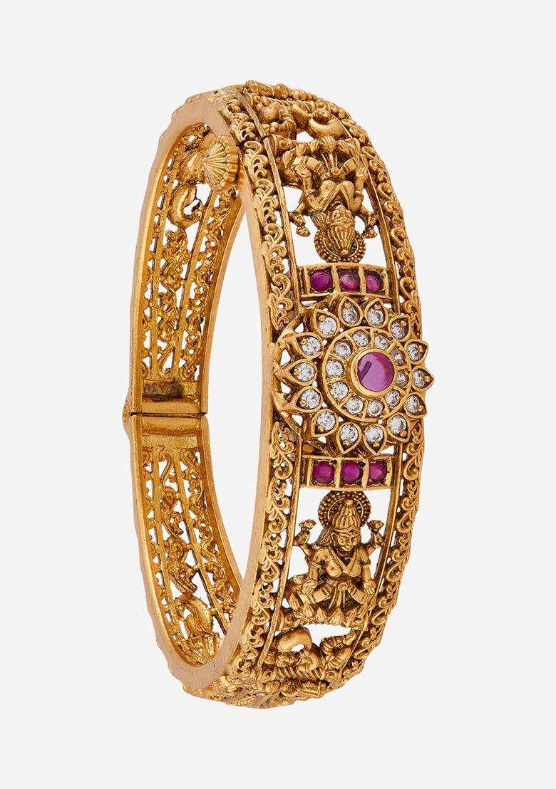 Gold-Plated Artificial Stones Studded Bangle-Style Bracelet for Women | Traditional Temple Jewellery for Wedding & Festive Wear | Gift for Her - Indya