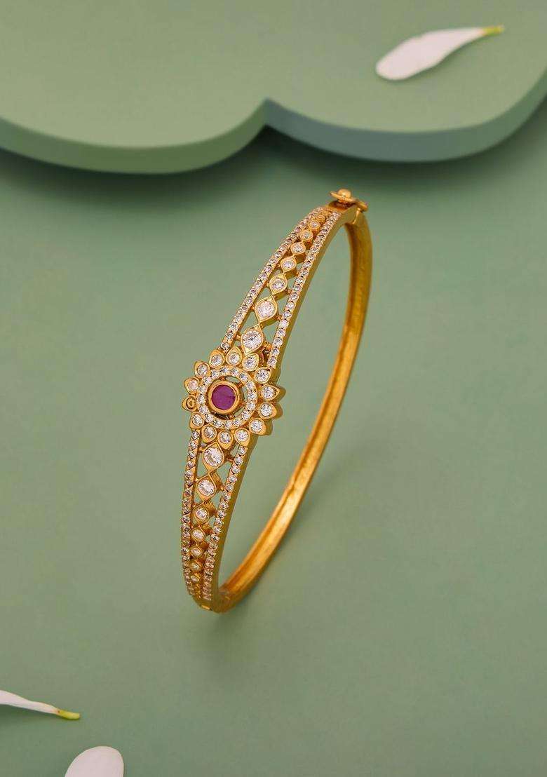 Silver Temple Gold-Plated Kada Ruby Ethnic Bracelet for Women | Traditional Temple Jewellery for Wedding & Festive Wear | Gift for Her - Indya