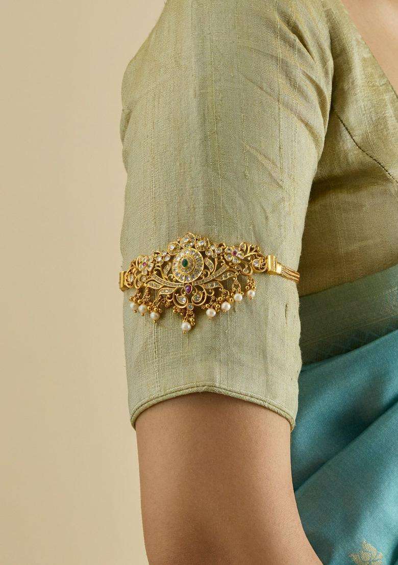 92.5 Pure Silver Gold-Plated Temple Armlet Bracelet for Women | Traditional Temple Jewellery for Wedding & Festive Wear | Gift for Her - Indya