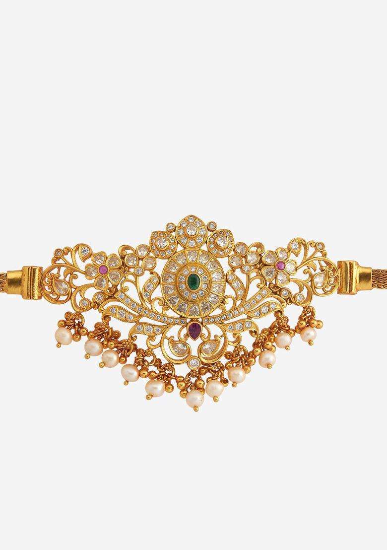 92.5 Pure Silver Gold-Plated Temple Armlet Bracelet for Women | Traditional Temple Jewellery for Wedding & Festive Wear | Gift for Her - Indya