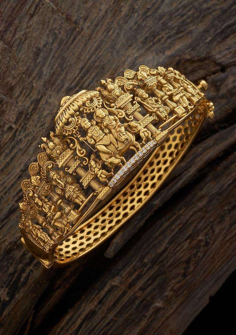 Embellished Bridal 92.5 Silver Gold-Plated Temple Kada Bracelet for Women | Traditional Temple Jewellery for Wedding & Festive Wear | Gift for Her - Indya