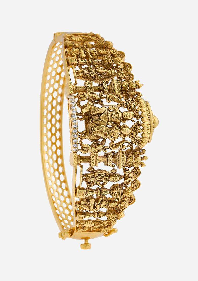 Embellished Bridal 92.5 Silver Gold-Plated Temple Kada Bracelet for Women | Traditional Temple Jewellery for Wedding & Festive Wear | Gift for Her - Indya