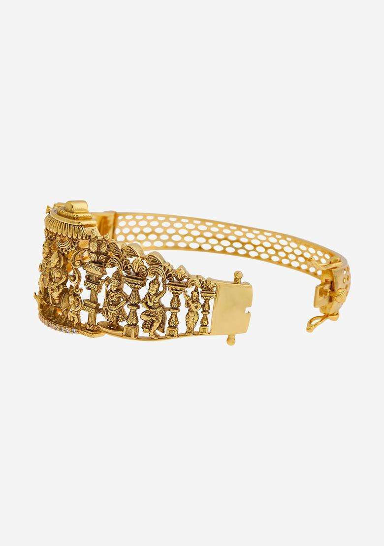 Embellished Bridal 92.5 Silver Gold-Plated Temple Kada Bracelet for Women | Traditional Temple Jewellery for Wedding & Festive Wear | Gift for Her - Indya