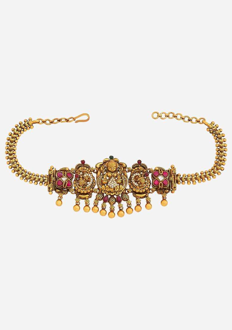 Embellished Bridal 92.5 Silver Gold-Plated Stone Temple Armlet for Women | Traditional Temple Jewellery for Wedding & Festive Wear | Gift for Her - Indya