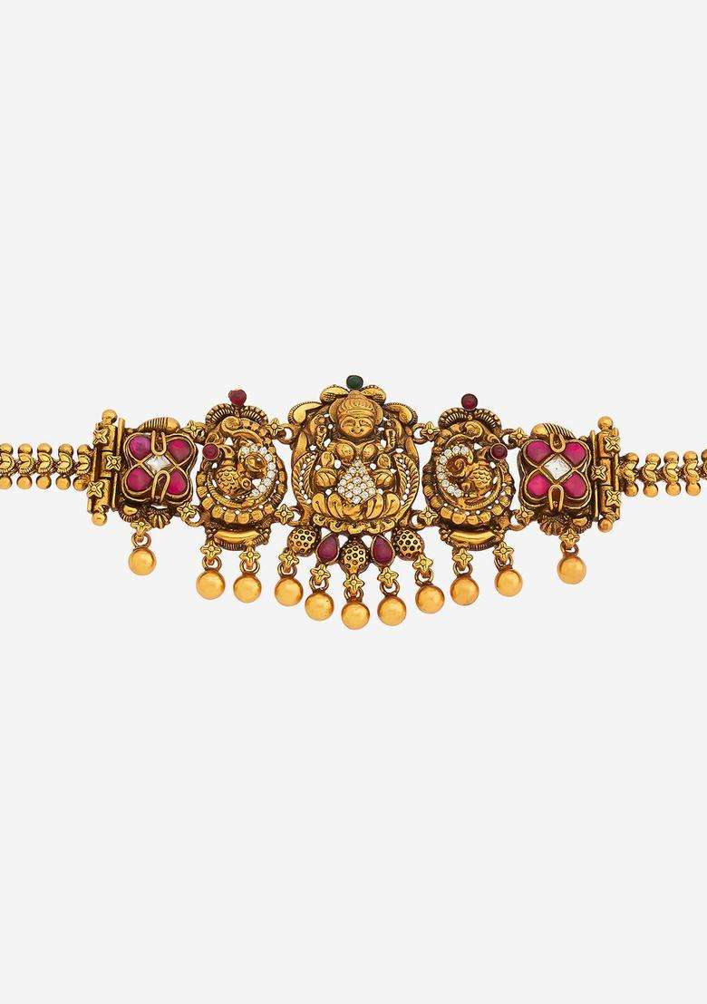 Embellished Bridal 92.5 Silver Gold-Plated Stone Temple Armlet for Women | Traditional Temple Jewellery for Wedding & Festive Wear | Gift for Her - Indya