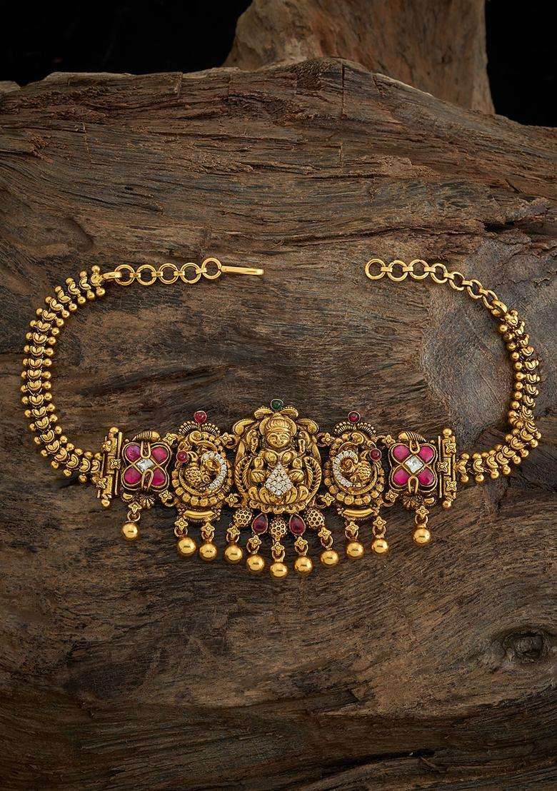 Embellished Bridal 92.5 Silver Gold-Plated Stone Temple Armlet for Women | Traditional Temple Jewellery for Wedding & Festive Wear | Gift for Her - Indya