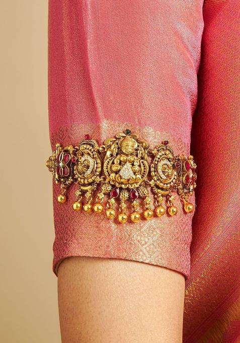 Embellished Bridal 92.5 Silver Gold-Plated Stone Temple Armlet for Women | Traditional Temple Jewellery for Wedding & Festive Wear | Gift for Her