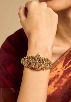 Embellished Bridal 92.5 Silver Temple Gold-Plated Kada Bracelet for Women | Traditional Temple Jewellery for Wedding & Festive Wear | Gift for Her