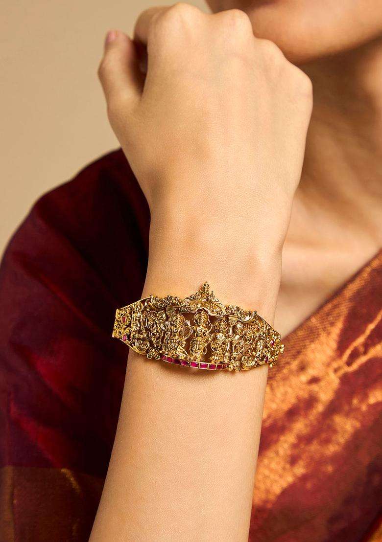 Embellished Bridal 92.5 Silver Temple Gold-Plated Kada Bracelet for Women | Traditional Temple Jewellery for Wedding & Festive Wear | Gift for Her - Indya