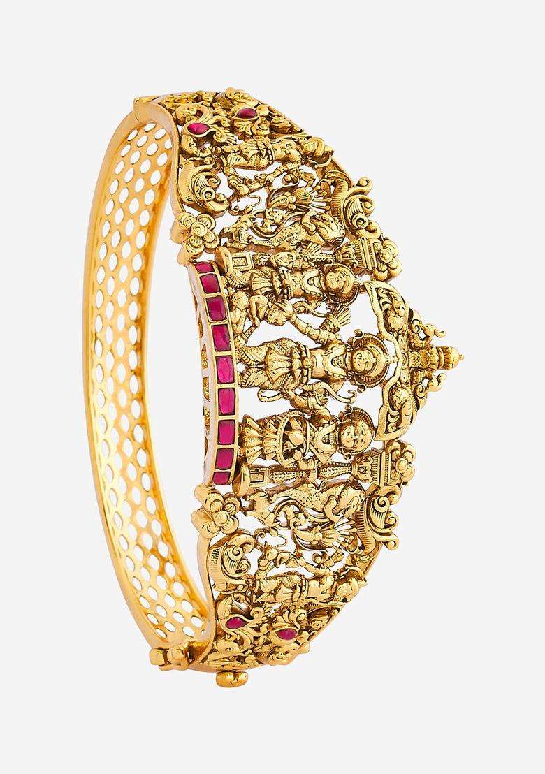 Embellished Bridal 92.5 Silver Temple Gold-Plated Kada Bracelet for Women | Traditional Temple Jewellery for Wedding & Festive Wear | Gift for Her - Indya