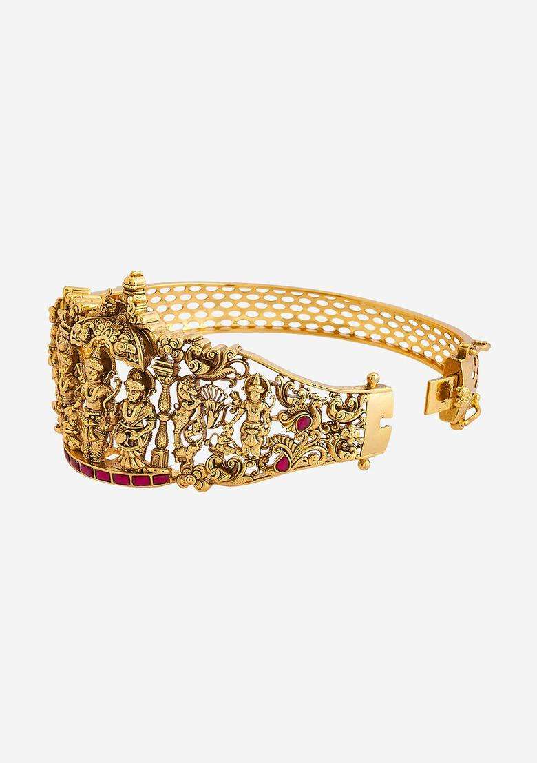Embellished Bridal 92.5 Silver Temple Gold-Plated Kada Bracelet for Women | Traditional Temple Jewellery for Wedding & Festive Wear | Gift for Her - Indya
