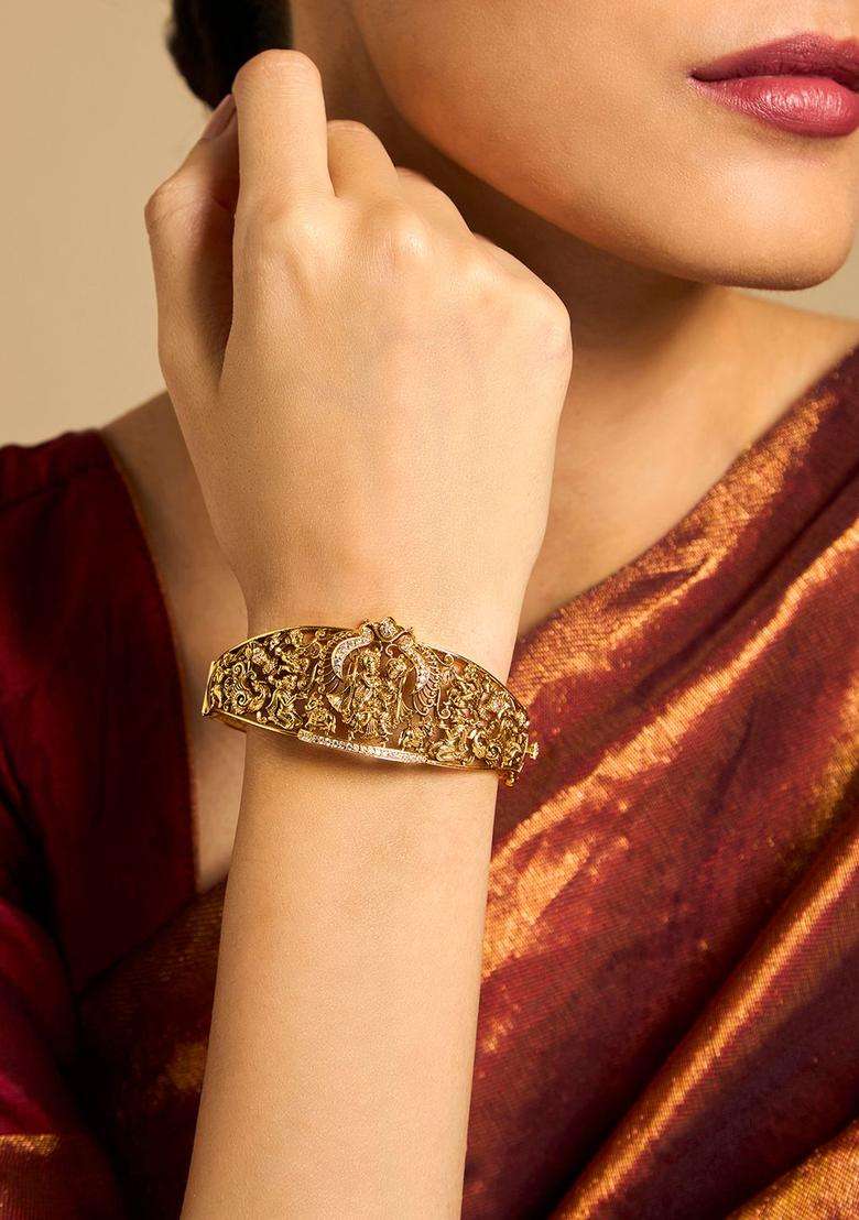 Gold-Plated Embellished Bridal 925 Pure Silver Temple Kada Bracelet for Women | Traditional Temple Jewellery for Wedding & Festive Wear | Gift for Her - Indya