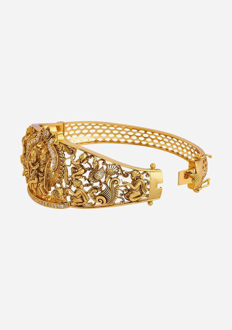 Gold-Plated Embellished Bridal 925 Pure Silver Temple Kada Bracelet for Women | Traditional Temple Jewellery for Wedding & Festive Wear | Gift for Her - Indya