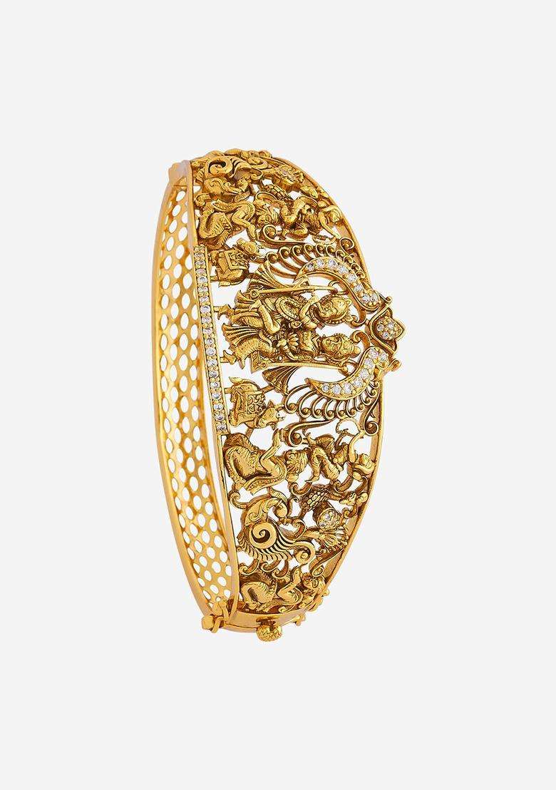 Gold-Plated Embellished Bridal 925 Pure Silver Temple Kada Bracelet for Women | Traditional Temple Jewellery for Wedding & Festive Wear | Gift for Her - Indya