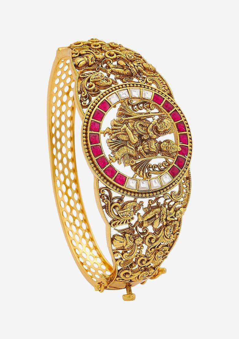 Gold-Plated Embellished Bridal 92.5 Silver Temple Kada Bracelet for Women | Traditional Temple Jewellery for Wedding & Festive Wear | Gift for Her - Indya