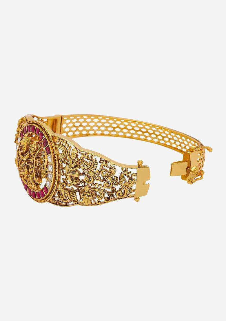 Gold-Plated Embellished Bridal 92.5 Silver Temple Kada Bracelet for Women | Traditional Temple Jewellery for Wedding & Festive Wear | Gift for Her - Indya