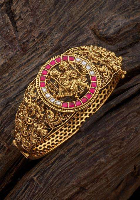 Gold-Plated Embellished Bridal 92.5 Silver Temple Kada Bracelet for Women | Traditional Temple Jewellery for Wedding & Festive Wear | Gift for Her