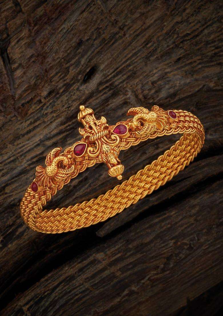 Gold-Plated Embellished Bridal 92.5 Silver Temple Bangle-Style Bracelet for Women | Traditional Temple Jewellery for Wedding & Festive Wear | Gift for Her - Indya
