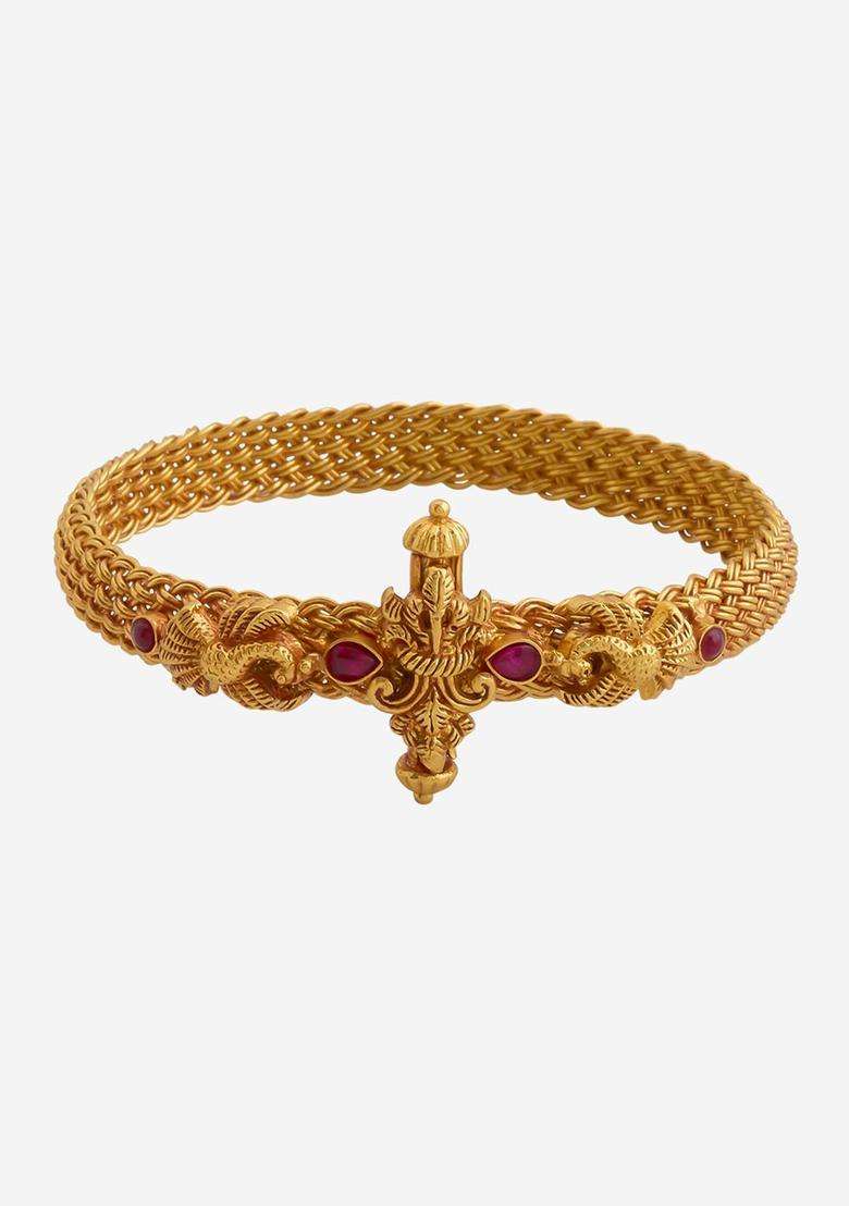 Gold-Plated Embellished Bridal 92.5 Silver Temple Bangle-Style Bracelet for Women | Traditional Temple Jewellery for Wedding & Festive Wear | Gift for Her - Indya