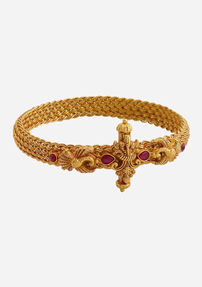Gold-Plated Embellished Bridal 92.5 Silver Temple Bangle-Style Bracelet for Women | Traditional Temple Jewellery for Wedding & Festive Wear | Gift for Her - Indya