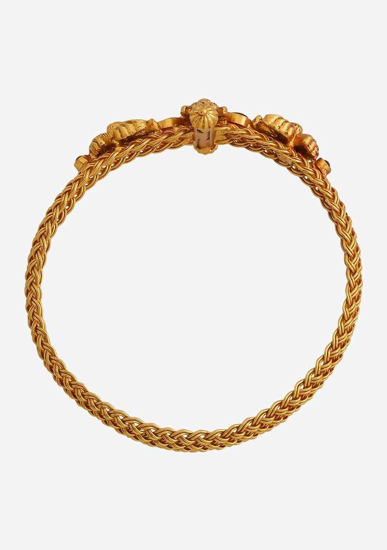 Gold-Plated Embellished Bridal 92.5 Silver Temple Bangle-Style Bracelet for Women | Traditional Temple Jewellery for Wedding & Festive Wear | Gift for Her - Indya