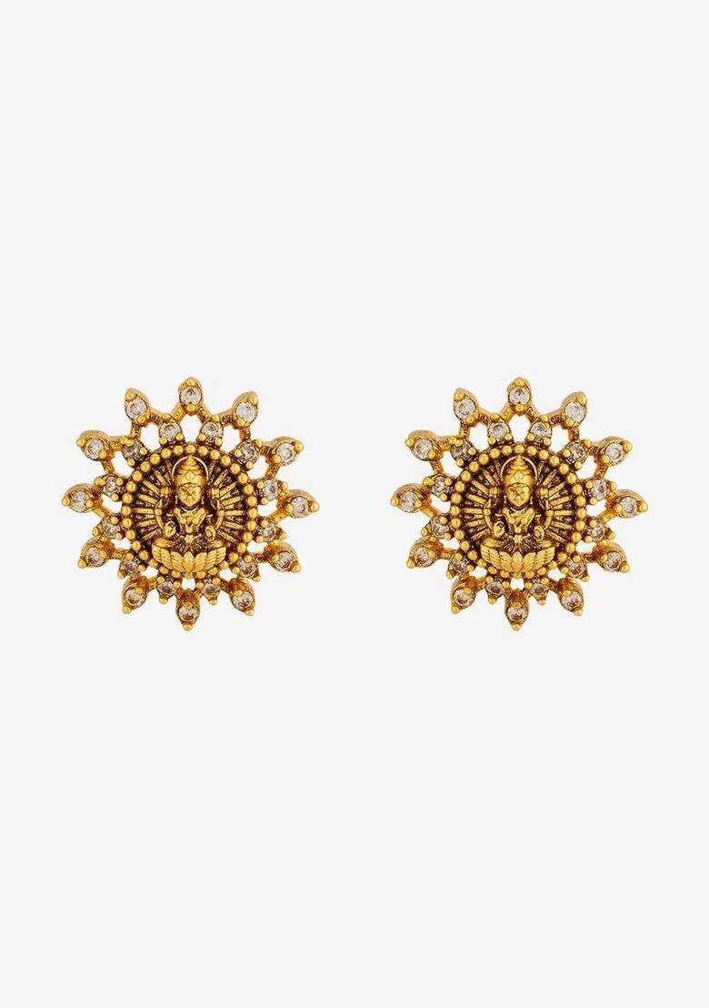 Gold-Plated Geometric Studs Earrings with CZ Stone for Women | Traditional Temple Jewellery for Wedding & Festive Wear | Gift for Her - Indya