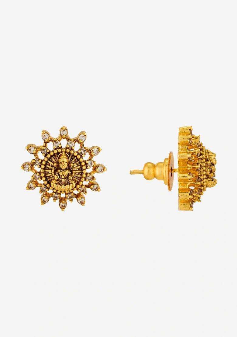 Gold-Plated Geometric Studs Earrings with CZ Stone for Women | Traditional Temple Jewellery for Wedding & Festive Wear | Gift for Her - Indya