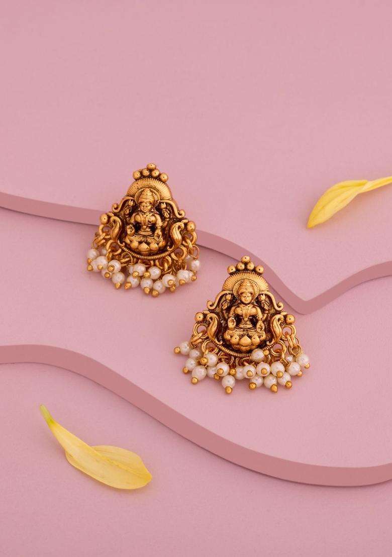 Contemporary Studs Gold-Plated Pearl Earrings for Women | Traditional Temple Jewellery for Wedding & Festive Wear | Gift for Her - Indya